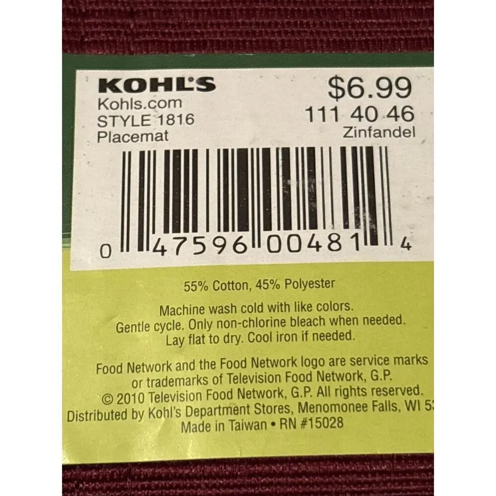 NWT 4 Food Network Ribbed Zinfandel Cloth Table Placemats‎
